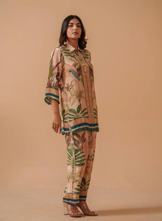 دي دبليو طقم منسق من تونيك وبنطال بطبعة استوائية للنساء